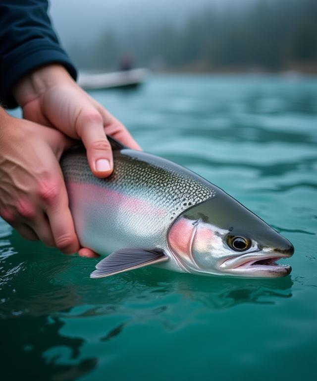A Fjord Fin guide carefully and gently releasing a salmon back into the pristine waters of British Columbia, demonstrating catch-and-release fishing.