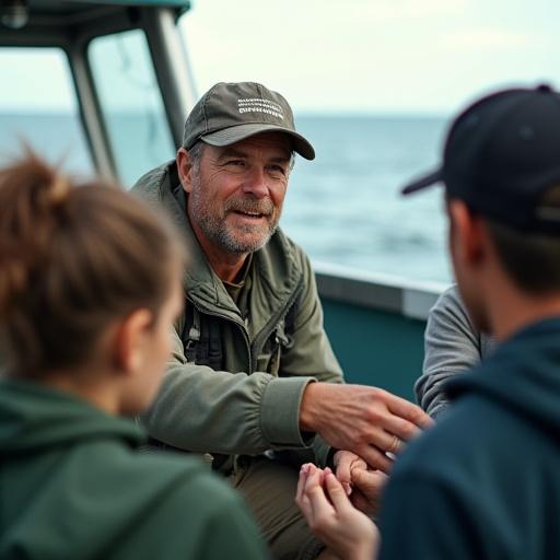 A group of inquisitive participants listening attentively to a marine biologist during an educational outdoor workshop near the ocean.
