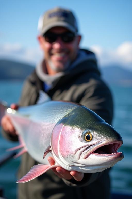 A grinning Fjord Fin guest proudly holding a magnificent Chinook salmon caught on their excursion.
