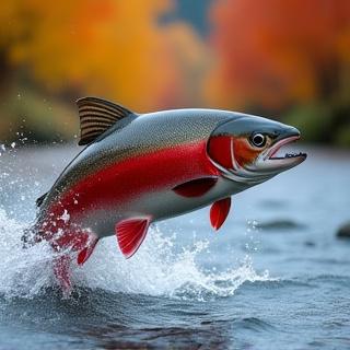 A vibrant Coho salmon jumping out of a clear river in autumn colors.